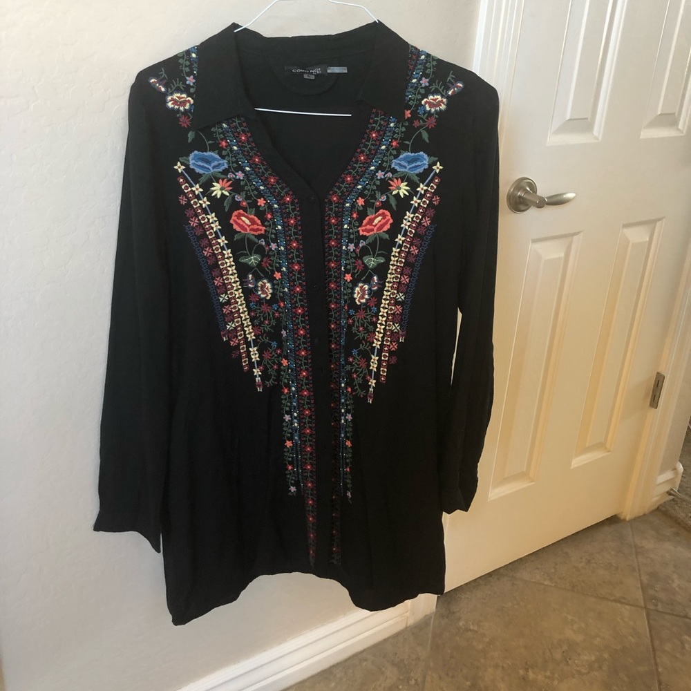 Long black button down shirt with embroidery